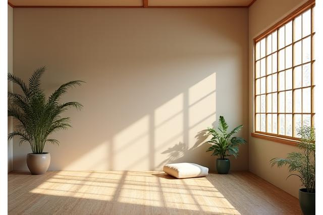 Zen-like interior of a wellness studio with soft lighting